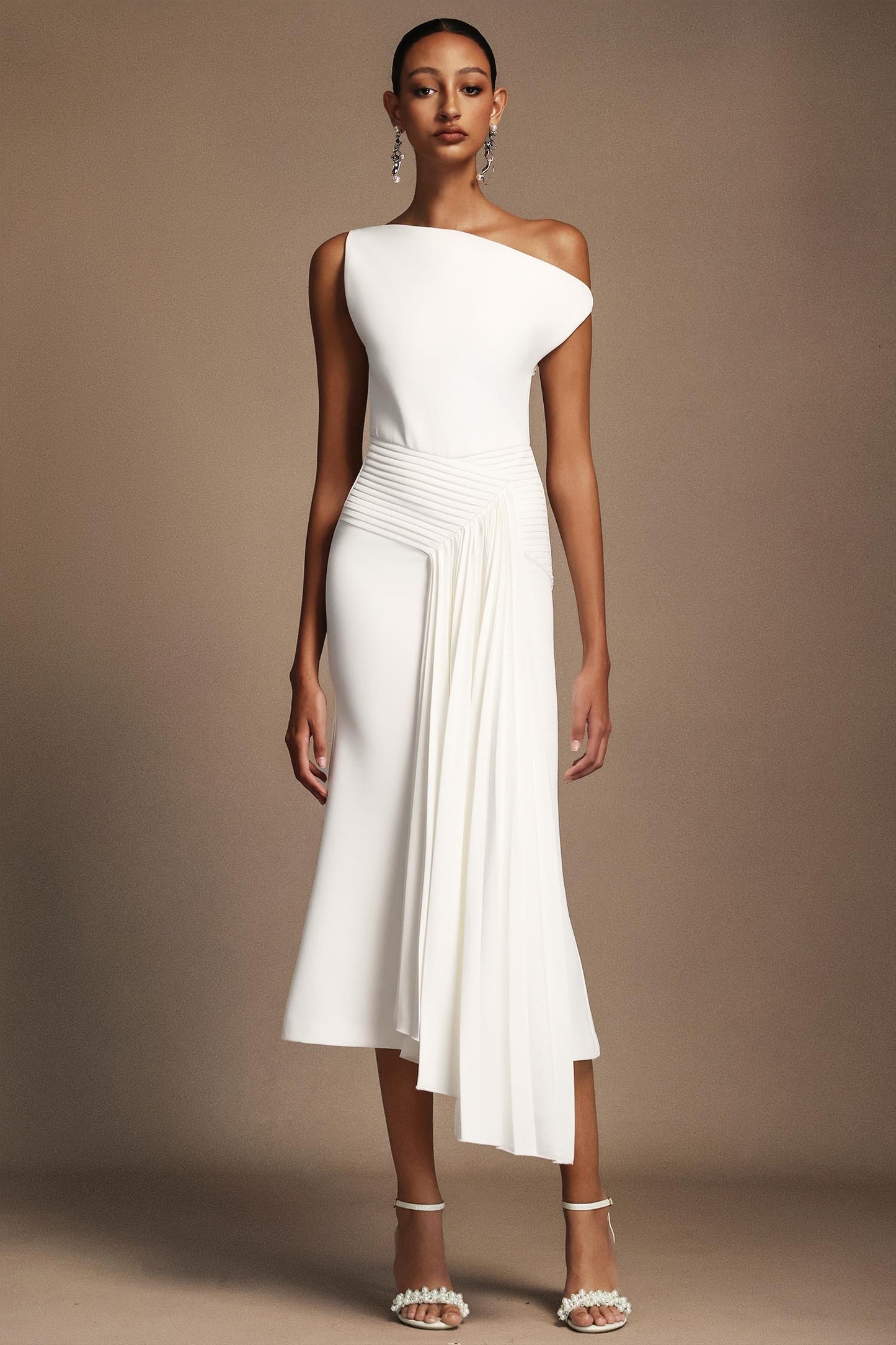 Raquel Oblique Shoulder Sleeveless Folds Midi Dress