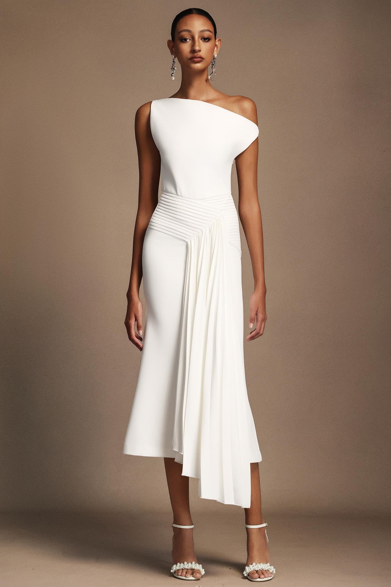 Raquel Oblique Shoulder Sleeveless Folds Midi Dress