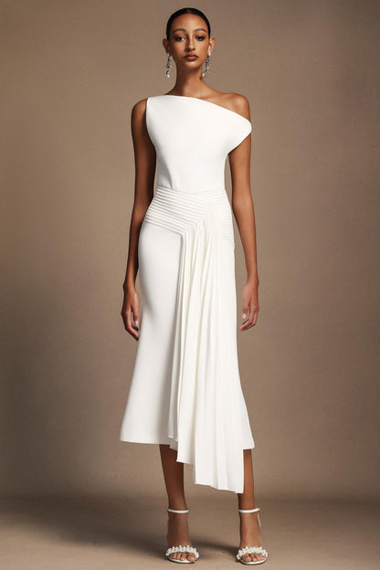 Raquel Oblique Shoulder Sleeveless Folds Midi Dress